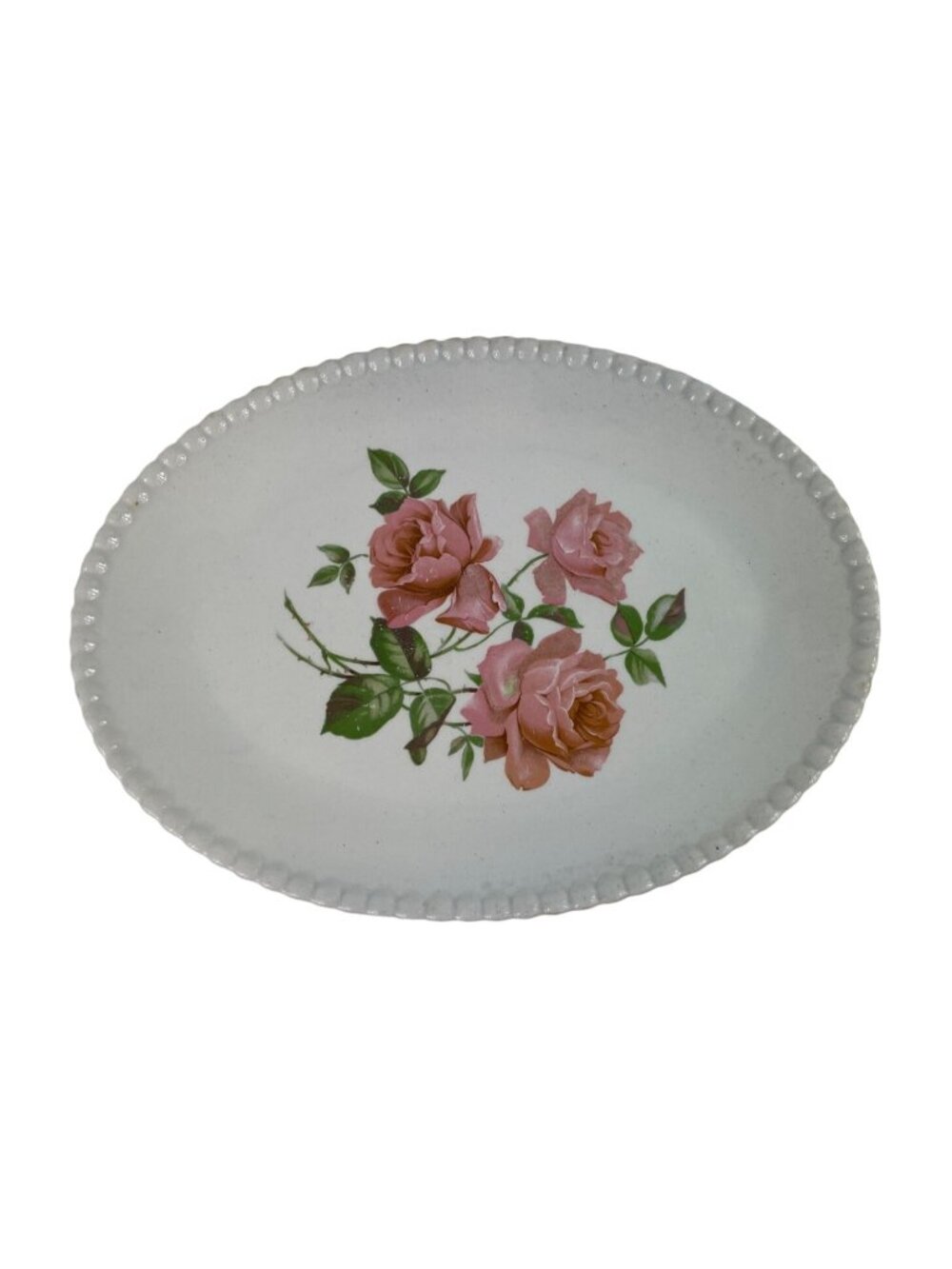Vintage Pink Rose Floral 11" Ceramic Oval Serving Platter Decorative Beaded Edge